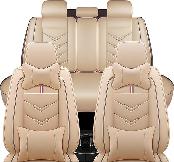 Leather Car Seat Covers Fit for LR Range Rover 2022-2025, 5 Seater Waterproof and Wear-Resistant Seat Cover Interior Accessories(Full Set with Pillow,Beige)