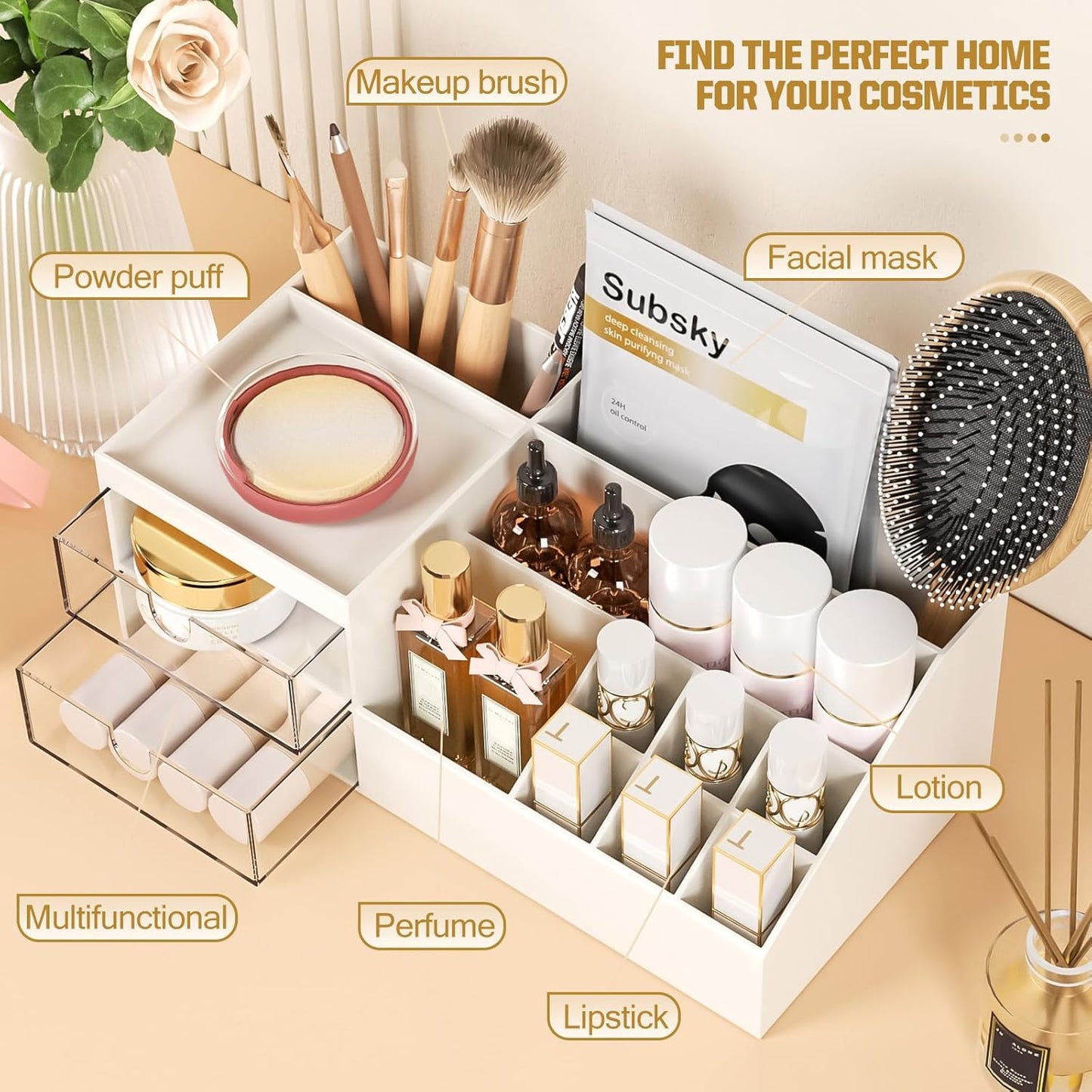 Subsky Makeup Organizer with Drawers, Easy Storage for Beauty Products Brushes, Multifunction Plastic Desk Organizer, Cosmetics Organizer for Countertop Dresser Vanity and Bathroom (White)