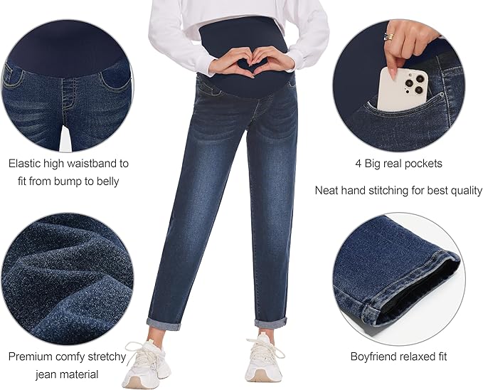 POSHGLAM Women's Maternity Jeans Over Belly Comfy Stretch 28'' Boyfriend Jeans Loose Pregnancy Pants, S-XXL
