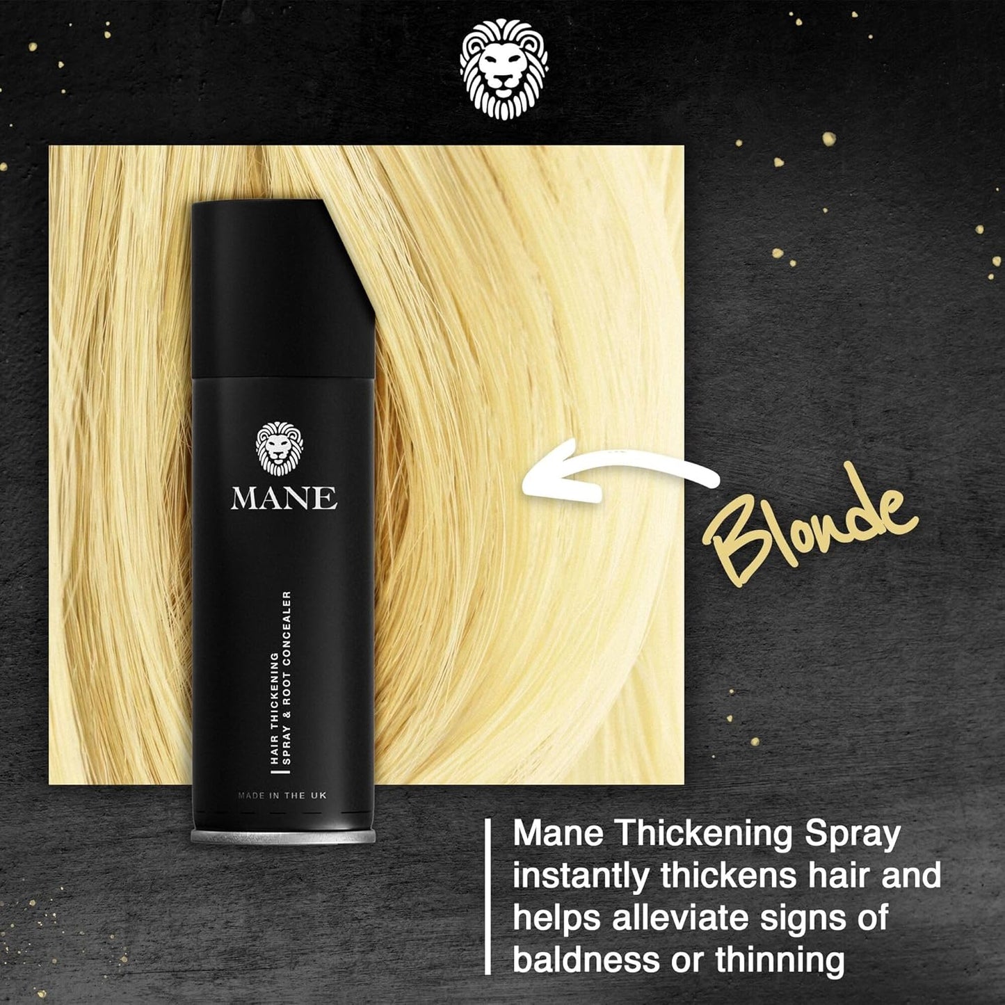 Mane Hair Thickening Spray & Root Touch Up, Instantly Thicker Hair for Men & Women, Fill in Hairlines and Hide Thinning and Fine Patches - Blond, 12 Colors (6.76 oz)