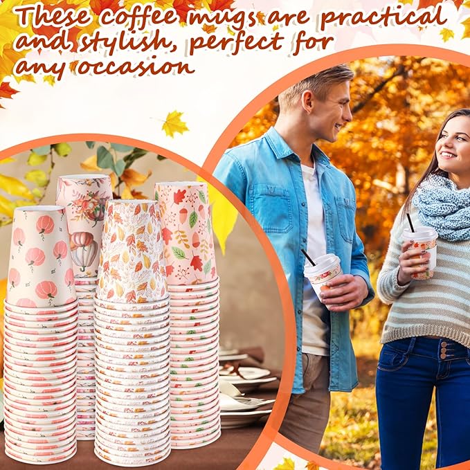 Lallisa 100 Sets Fall Thanksgiving Coffee Cup Bulk with Lid Disposable 12 oz Fall Hot Cups Paper and Sleeves Straws, Autumn Drinking Supplies for Holiday Party(Pink Style)