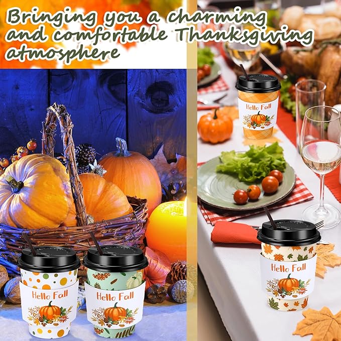 Lallisa 100 Sets Fall Thanksgiving Coffee Cup Bulk with Lid Disposable 12 oz Fall Hot Cups Paper and Sleeves Straws, Autumn Drinking Supplies for Holiday Party(Stylish Style)