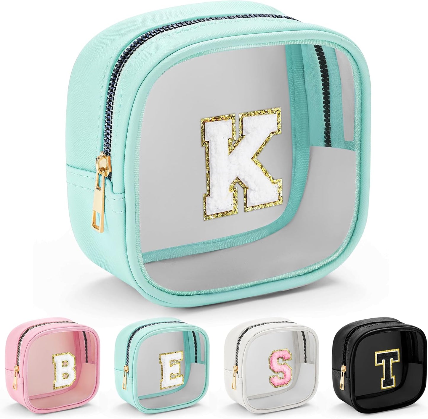 YOOLIFE Initial Make Up Bag Travel Toiletry Bag, Clear Makeup Bag Preppy Cosmetic Bags Cute Teacher 12 13 14 15 16 Years Old Girl Gifts Trendy Stuff Small Makeup Bag Birthday Gifts Mini Blue K