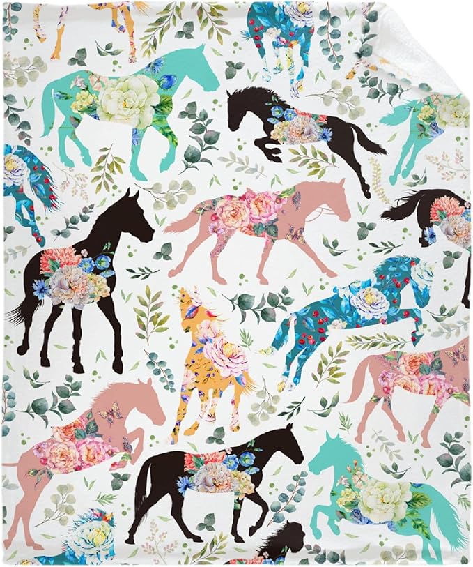 Colorful Floral Horse Blanket for Boys Girls, Flowers Animals Kids Throw Blanket Gift for Child, Fluffy Cozy Soft Lightweight Blankets for Bed Office, 40x50 Inches