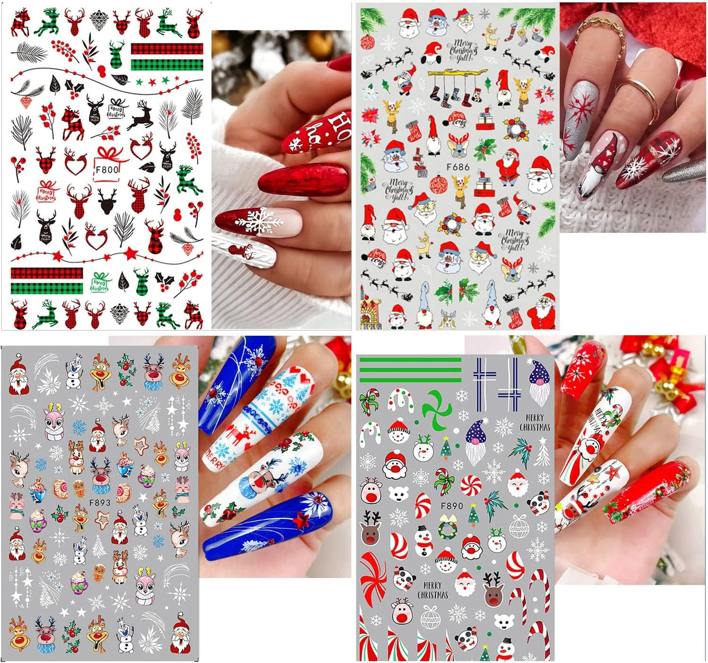 10 Sheets Christmas 3D Nail Art Decals - Gold White Snowflake Santa Claus Snowman Buffalo Plaid Reindeer Winter Xmas Stickers for Women Girls Nail Decorations