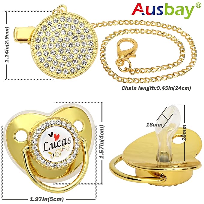 Personalized Pacifier Set with Name, BPA Free, Bling Gold Silver Pink Rose Gold Luxurious Ideal Gift for Newborns (White)