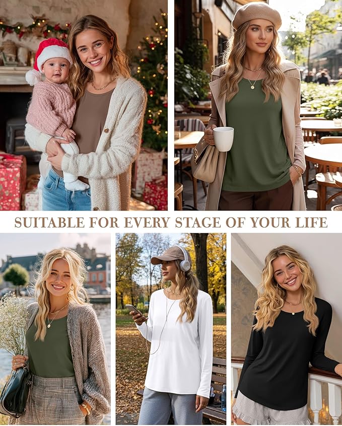 4 Pack Women's Cotton Nursing Tops, Breastfeeding Maternity with Hidden Zippers Crew Neck Long Sleeve Pregnancy Shirts