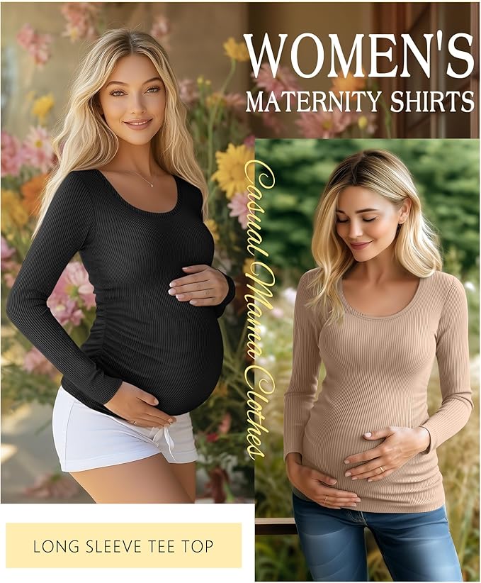 Riyiper 4 Pack Women's Maternity Shirts, Long Sleeve Cotton Ribbed Pregnancy Tee Top Crewneck Side Ruched Casual Mama Clothes