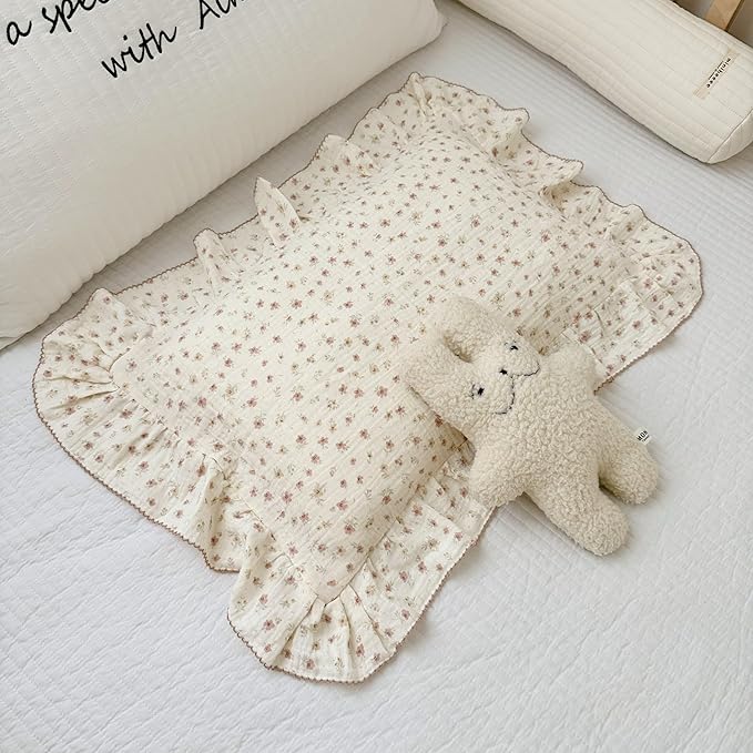 BuLuTu 2-Layer Cotton Muslin Toddler Pillowcases for Girls Boys Floral Pillow Cover Decorative Pillow Cases Gauze Cotton Small Pillow Protector for Crib, Envelope Closure, 14"x20",1 pc