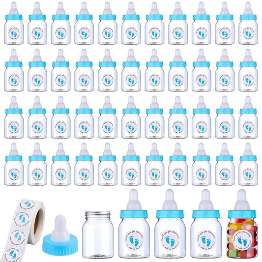 62 Pcs 3.5 Inch Baby Mini Milk Bottle Baby Shower Favor with 500 Adhesive Thank You for Showering Stickers, Small Plastic Candy Bottle DIY Gift for Boy Girl Newborn Baptism Party Decor (Blue)