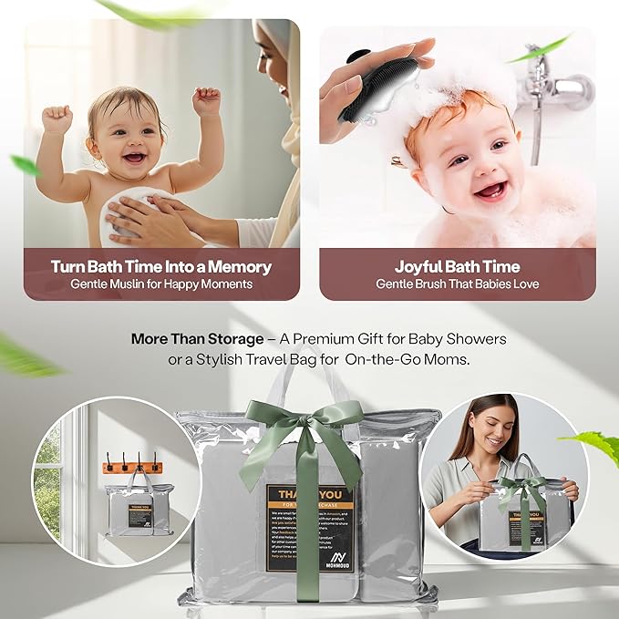Baby Bath Kneeler & Elbow Rest Pad – Extra Thick Foam Pads for Comfort | Non-Slip, Machine Washable with Mesh Pockets & Suction Cups | Bonus Baby Brush & Washcloth – Thoughtful Gift for New Parents