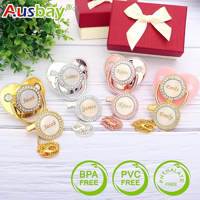 Personalized Pacifier Set with Name, BPA Free, Bling Gold Silver Pink Rose Gold Luxurious Ideal Gift for Newborns (Silvery)