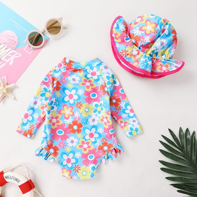 Infant Baby Girl Swimsuit One-Piece Long Sleeve Rash Guard with Hat Set Floral Zipper Bathing Suit Leopard Beach Wear
