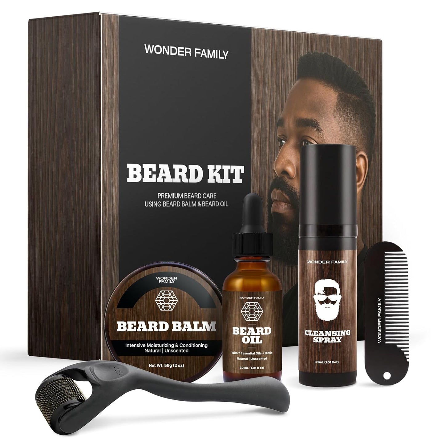 Premium Beard Care Kit for Men – 5-in-1 Grooming Set with Beard Oil, Balm, Derma Roller, Cleansing Spray & Comb – Mustache & Beard Grooming Gifts for Men