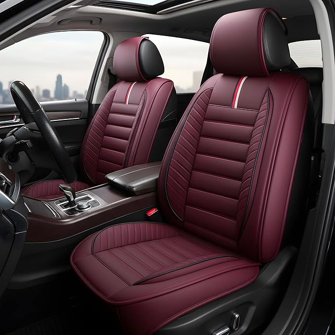OASIS AUTO Car Seat Covers Premium Waterproof Faux Leather Cushion Universal Accessories Fit SUV Truck Sedan Automotive Vehicle Auto Interior Protector Front Pair (OS-001 Burgundy)