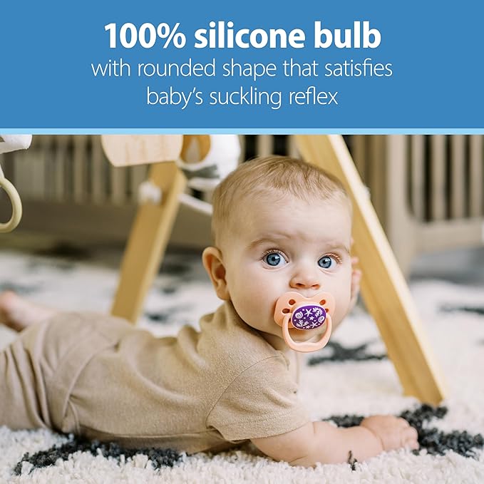 Dr. Brown's Advantage Glow-in-the-Dark Baby Pacifier, Fully Symmetrical Soother with Soft Silicone Bulb, Blue Ocean, 0-6m, BPA Free, 2 Pack