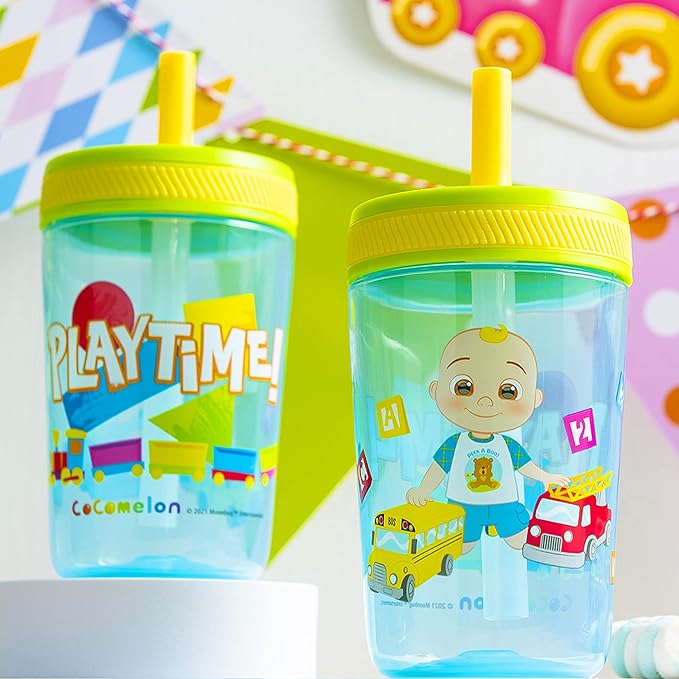 Zak Designs 15oz Cocomelon Kelso Tumbler Set, Leak-Proof Screw-On Lid with Straw Made of Durable Plastic and Silicone, Perfect Bundle for Kids