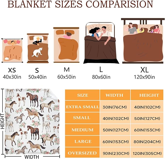 Horse Rose Blanket for Adults,Flowers Throw Blanket for Girls Boys Lightweight Cute Horses Soft Cozy Flannel Blanket for Kids 90 * 120 Inches