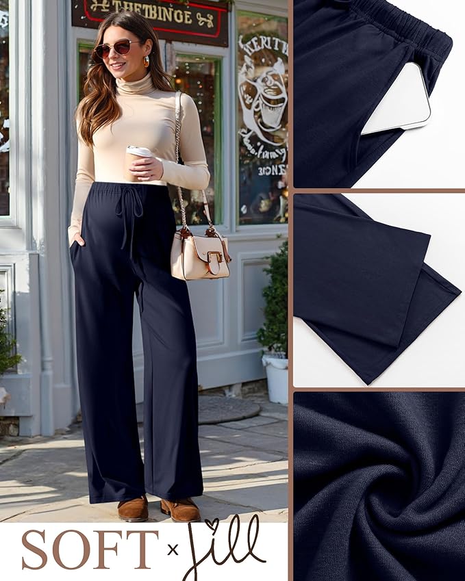 3 Pack Maternity Pants for Women Over The Belly Lounge Work Pregnancy Pants Drawing Wide Leg Trousers with Pockets