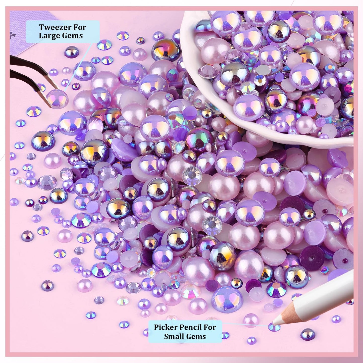 9000Pcs Flatback Pearls and Rhinestones for Crafting, Purple Series Mixed Size 3-8mm Resin Rhinestones and Half Pearls for Bedazzling, Nail Art with Tweezers and Pickup Pencil