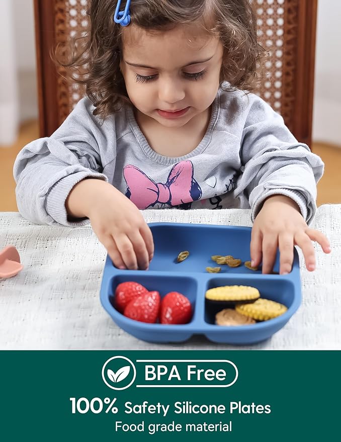 BABELIO Powerful Suction Plates for Baby & Toddler, 100% Food Grade Silicone, Divided, BPA Free, Microwave & Dishwasher Safe