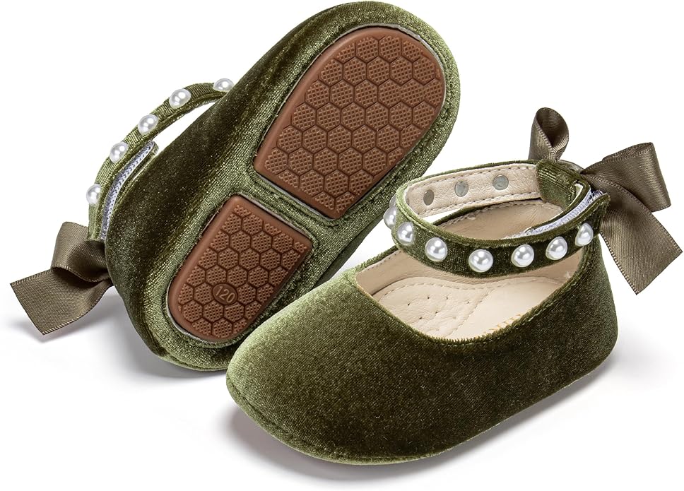 Baby Girls Mary Jane Flats - Infant Newborn Walking Shoes Soft Rubber Sole Princess Wedding