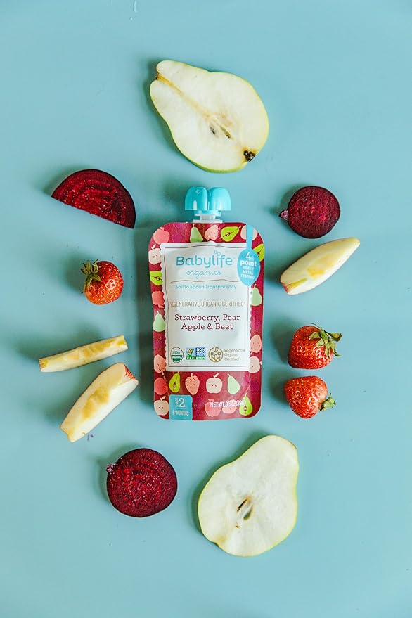 Babylife Organics Stage 2 - Strawberry, Pear, Apple & Beet, 3.5 Ounce Pouch (6 Pack) - Heavy Metal Safe, Organic Baby Food