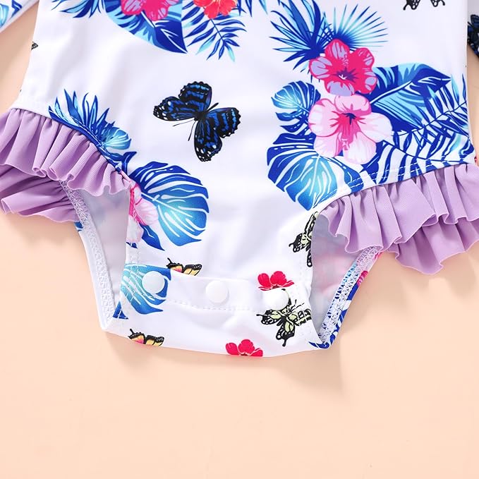 Infant Baby Girl Swimsuit One-Piece Long Sleeve Rash Guard with Hat Set Floral Zipper Bathing Suit Leopard Beach Wear