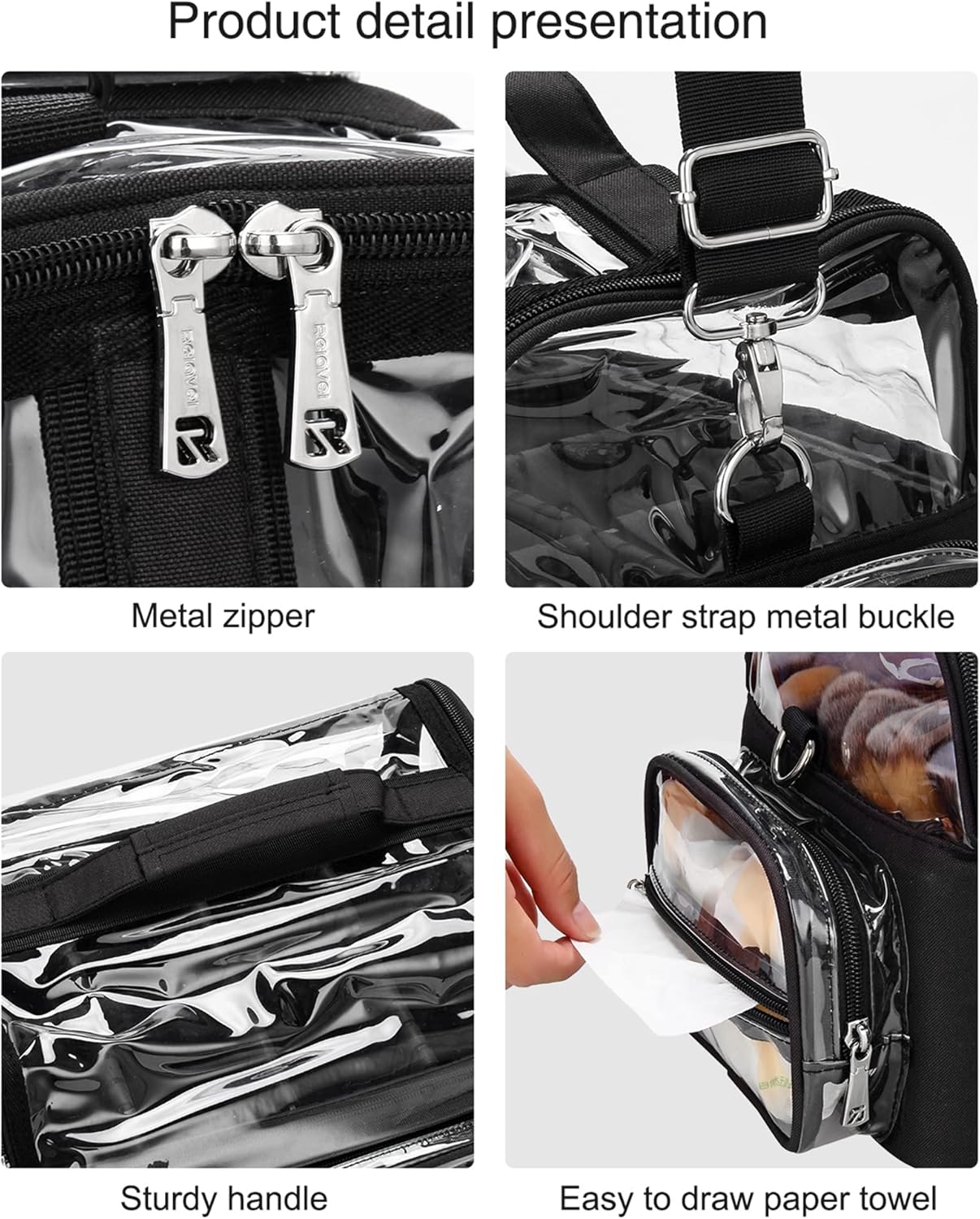 Makeup Brush Bag, Makeup Brush Case for Makeup Artist with Plastic Dividers Washable, Portable Travel Makeup Train Case with Clear Waterproof Cover for Easy to Clean and Find with Adjustable Strap