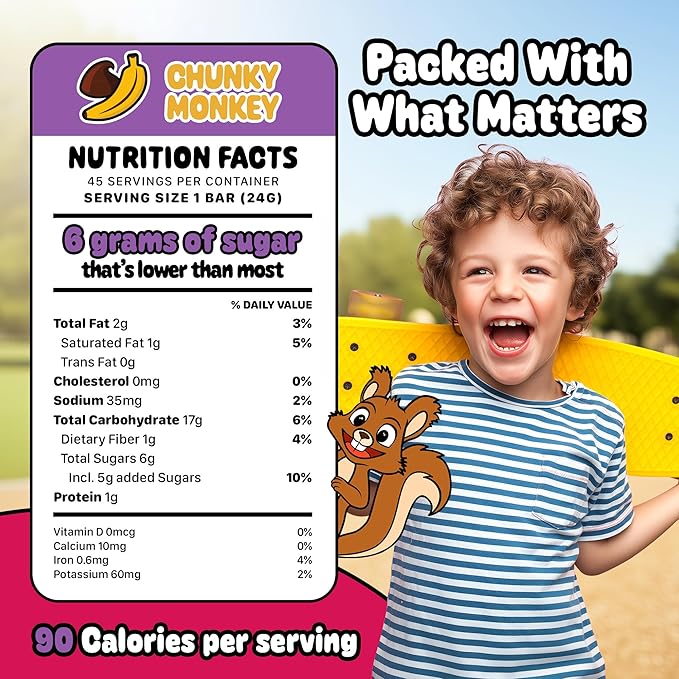 Snakkidz Organic Chewy Granola Bar, Allergen Free, Made with Avocado Oil, Low Sugar (45 Bars, Chunky Monkey)