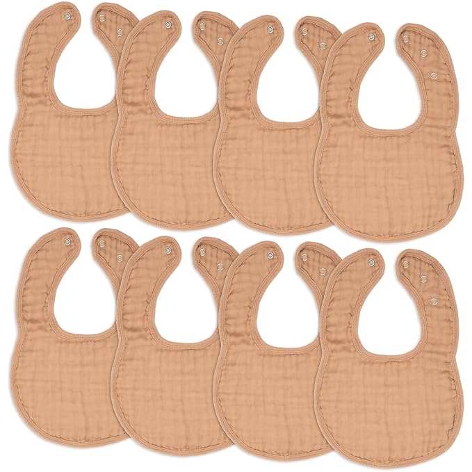 Comfy Cubs Muslin Bibs for Babies, Pack of 8 - Soft and Highly Absorbent, Feeding, Drool and Teething Bib, Adjustable Snaps - Stylish & Colorful Unisex Designs, Giftable Set - Caramel
