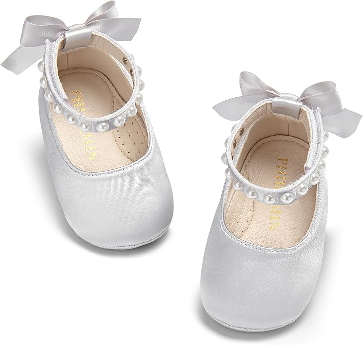 Baby Girls Mary Jane Flats - Infant Newborn Walking Shoes Soft Rubber Sole Princess Wedding