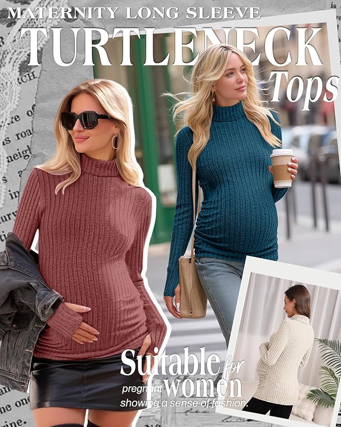 3 Pack Maternity T-Shirts Pregnancy Tops Women Sweater Long Sleeve Turtleneck Ribbed Finger Sleeve Outfits