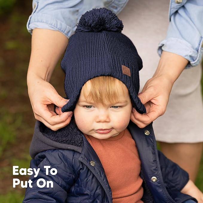 Baby Beanies, Baby Hats for Boys, Girls - Cute Toddler Winter Hat, Soft & Stretchy Beanies for Infant, Newborn 6-36 Months, Cozy & Warm with Earflap Muff & Pom (Navy)