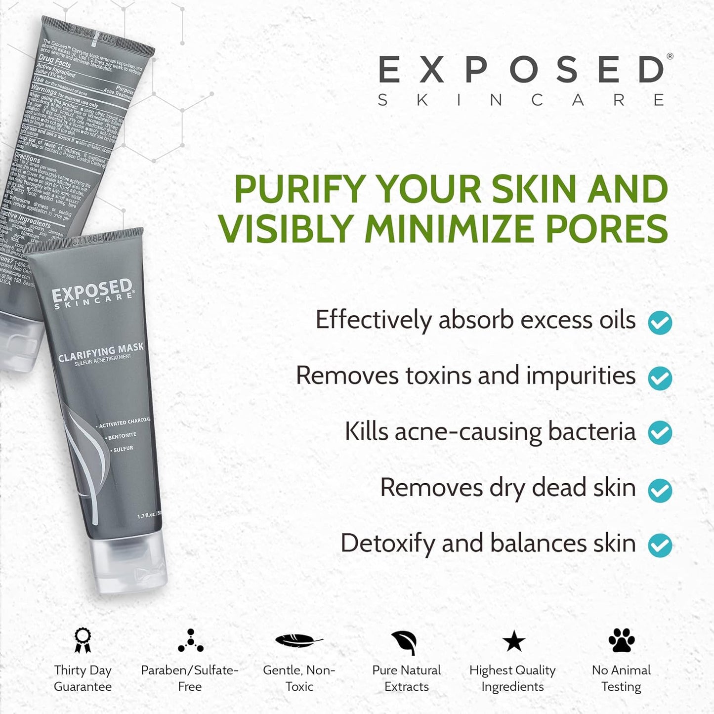 Exposed Skin Care Activated Charcoal Face Mask to Purify Skin, Regulate Oil Production and Visibly Minimize Pores – Clarifying Acne Treatment Mask with Bentonite and Sulfur (1.7 Fl. Oz.)