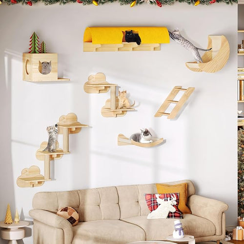 13-in-1 Cat Wall Shelves and Perches, Floating Cat Shelves, Solid Wood Wall by Homiflex