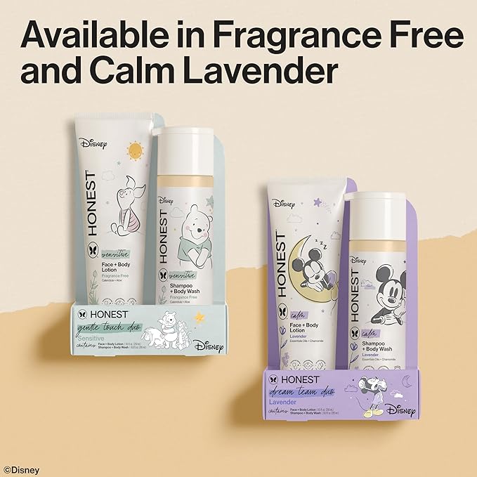 The Honest Company 2-in-1 Cleansing Shampoo and Body Wash and Face and Body Lotion Bundle and Disney Design Gentle Enough for Baby Dermatologist Tested Calm Lavender 18.5 fl oz