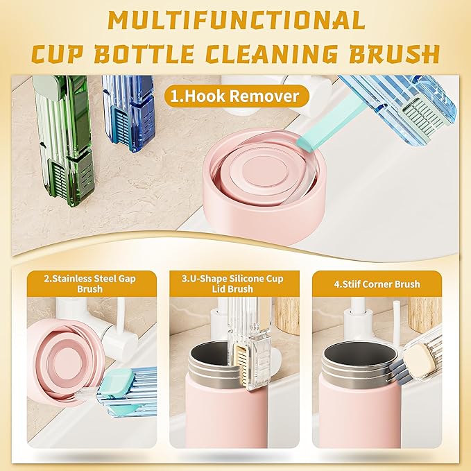 3Pcs 4 in 1 Cup Lid Gap Cleaning Brush Set,Multifunctional Crevice Cleaning Brush for Bottle,Multipurpose Bottle Cleaner with Compact Design Tiny Silicone Cup Holder Cleaner Tool,Kitchen Gadgets