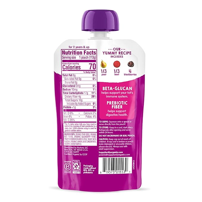 Happy Tot Organics Stage 4 Baby Food Pouches, Gluten Free, Vegan Snack, Super Bellies, Fruit & Veggie Puree, Pears, Beets & Blackberries 4 Ounce (Pack of 16)