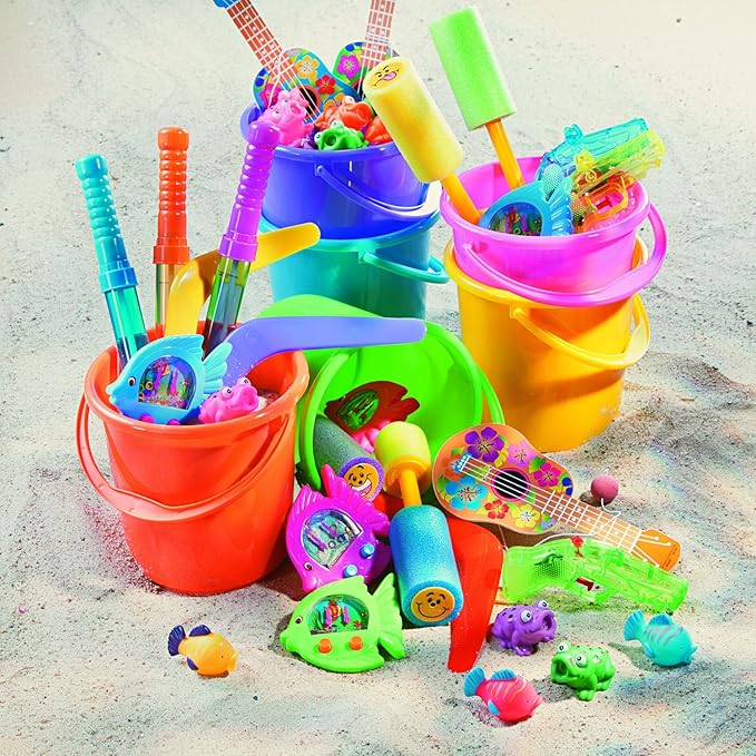 Fun Express Sand Buckets for Kids 12 Pack - Premium 7 Inch Beach Buckets with Easy-Grip Handles | Durable Plastic Sand Toys for Ages 3+ | Perfect for Beach, Sandbox & Pool Play