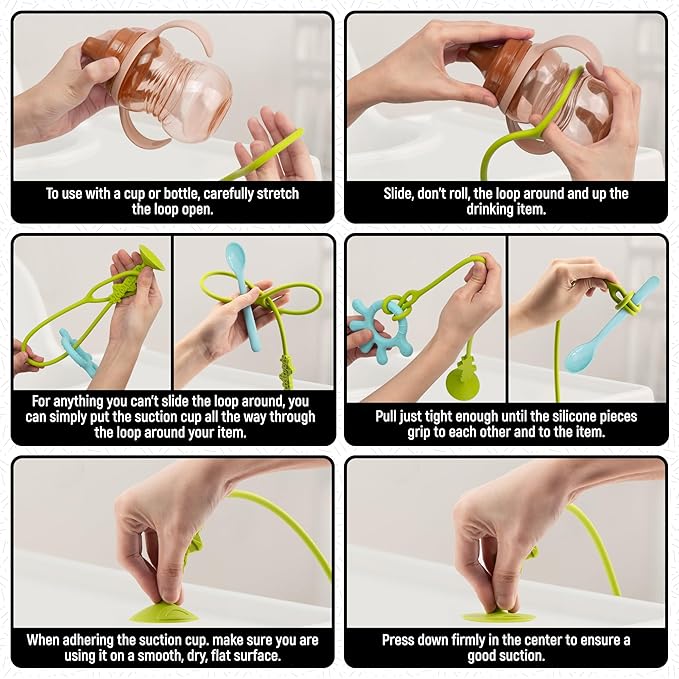 Don't Drop It ® Silicone Suction Cup Strap Tether - Keep Cups, Bottles, Toys, and More from Hitting The Floor - Easily Attaches to Smooth Sufaces on High Chairs, Tables, Bouncers, Walker Trays, etc.