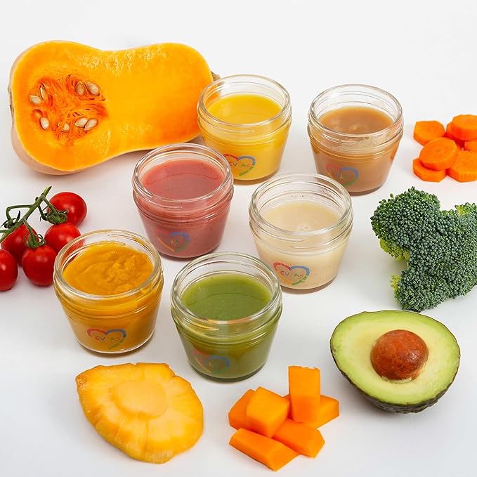 EVLAs Baby Food Containers 12-Pack - 4 oz Glass Jars with Lids - BPA-Free, Microwave, Freezer, and Dishwasher Safe Glass Baby Food Jars or Toddler Snack Containers for Kids Purees or Breastmilk