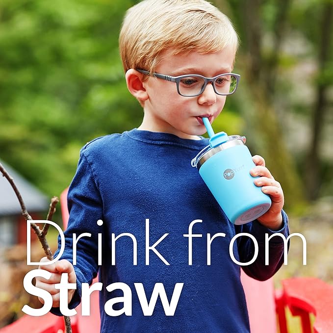 PopYum 9oz Insulated Stainless Steel Kids’ Cups with Lid and Straw, 2-Pack, Blue, Green, stackable, sippy, baby, child, toddler, tumbler, double wall, vacuum, leak proof