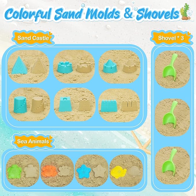 Collapsible Beach Toys for Kids, 3 Pack Foldable Sand Buckets and Shovels Set with Mesh Bag, Silicone Pails for Beach Travel Essentials, Easter Egg Hunt, Sand Toys Molds for Kids and Toddlers