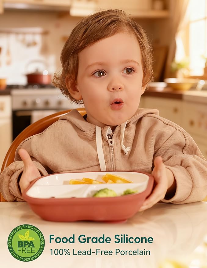 BABELIO 8'' Toddler Porcelain Plates with Silicone Suction Sleeves, Lead & BPA Free, Divided, Microwave & Dishwasher Safe, Stay Put, Suitable for Kids/Babies, Grayish Purple