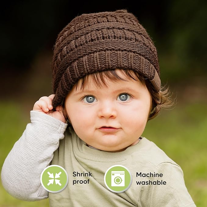 3-Pack Baby Beanies for Boys, Girls - Stretchy Knit Baby Hats, Cute Newborn & Toddler Winter Hat, Soft & Warm Infant Beanie 6-36 Months (Latte, M)