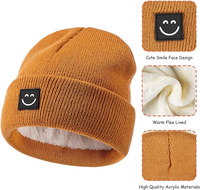 Baby Beanie Hat 3 Packs with Cute Smiley Face, Toddler Girls Boys Baby Hats Winter, Kids Winter Hat Cold Weather