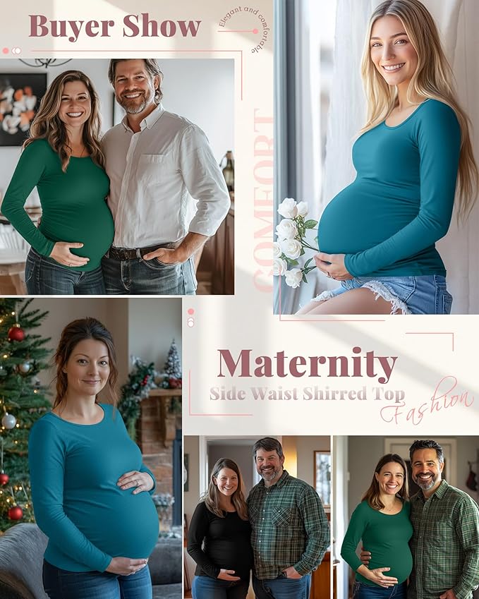 Ficerd 3 Pack Women's Maternity Shirts, Long Sleeve Side Ruched Pregnancy Tee Tops Crew Neck Casual Mama Clothes Basic Tunic