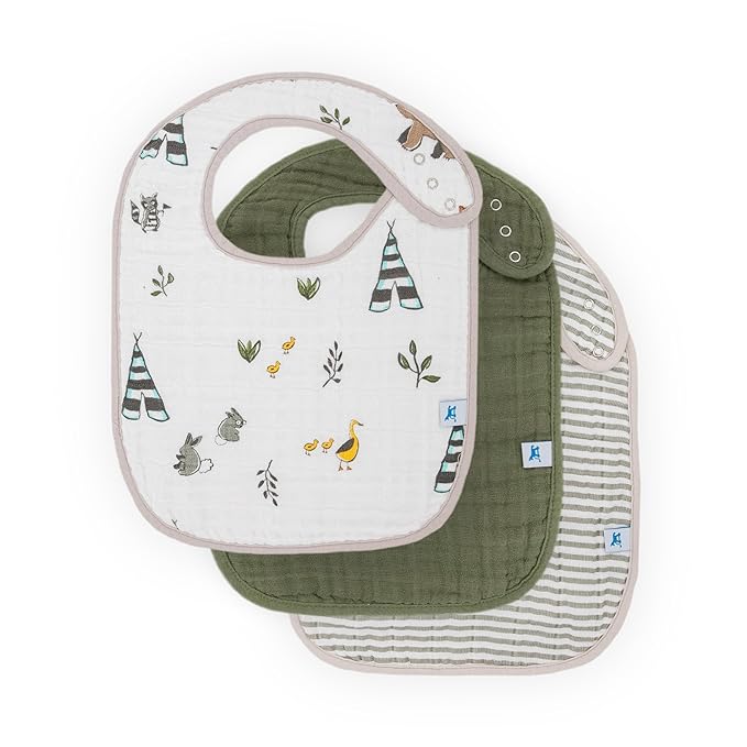 Little Unicorn Premium Classic Bib 3 pack | Adjustable as baby grows | Soft fabric on skin | Great for first time eaters (Forest Friends 2)