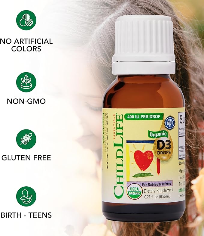 CHILDLIFE Essentials Organic Vitamin D3 Drops for Infants & Newborns - Baby Vitamin D Drops, 400 IU per Liquid Drop, Immune & Bone Health Support, USDA Organic, Flavorless - 0.21 Fl Oz (1 Pack)